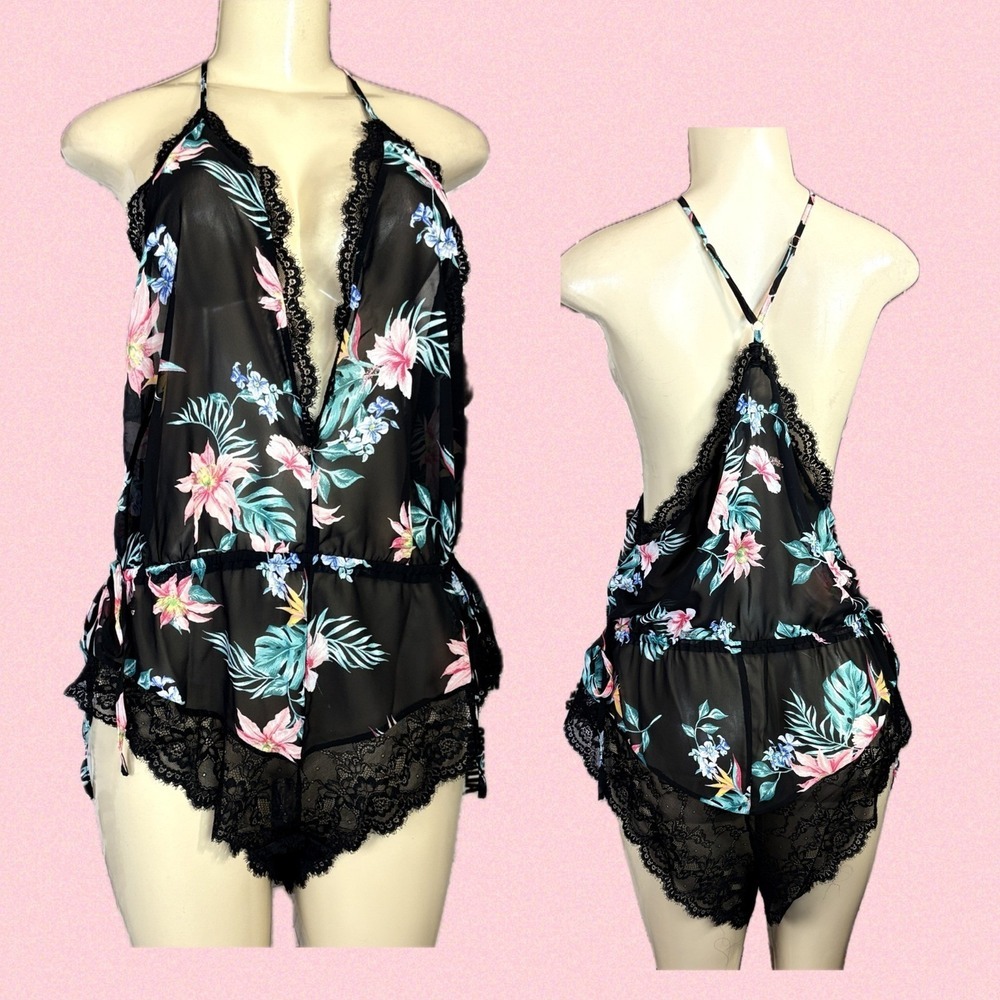 INC International Concepts Black Tropical Floral Lace Trim Bodysuit Teddy XXL